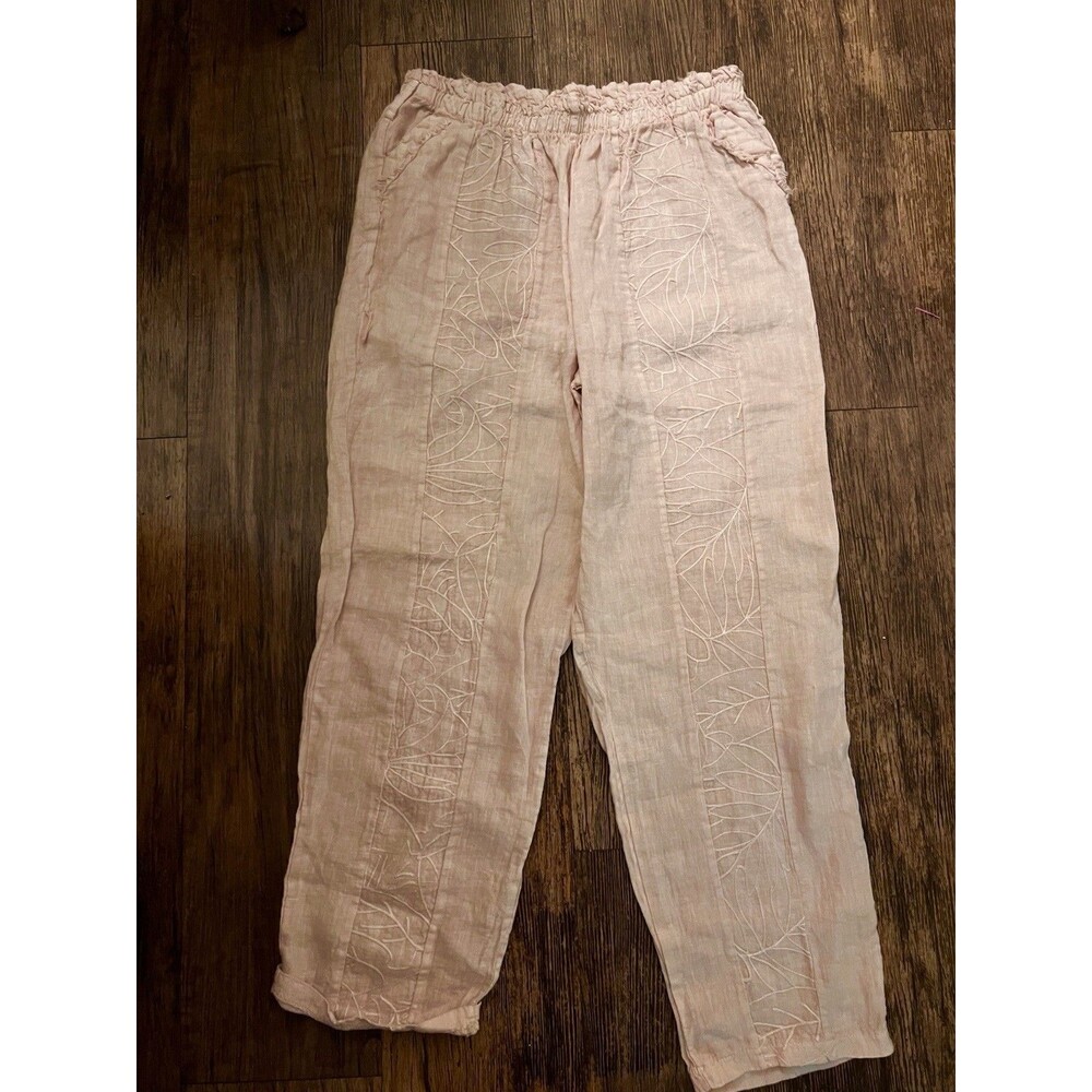Diverse Italia Made In Italy Linen Pale Pink Embroidered Pants Size Large BNWT